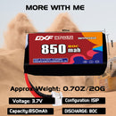 DXF 1S 3.7V 850mAh 80C LiPo Battery for FPV Micro Drones (PH2.0 / JST / XT30 / SM / XT60 / EC5 / XT90 Options)