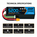 DXF 6S 22.2V 5200mAh 80C Softcase LiPo Battery with XT60 & 10AWG Wire for 1/8 RC Cars (1-6 Pack)