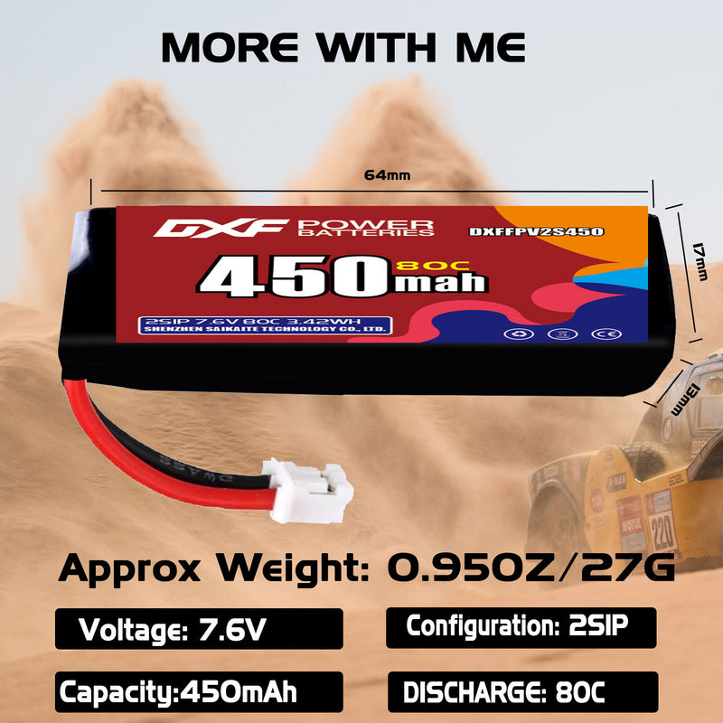 DXF 450mAh 2S 80C 7.6V Lipo Battery Pack for FPV LiPo Battery