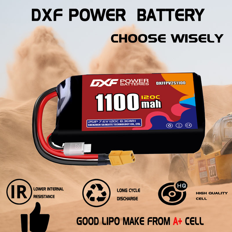 DXF 1100mAh 2S 120C 7.6V Lipo Battery Pack for FPV LiPo Battery