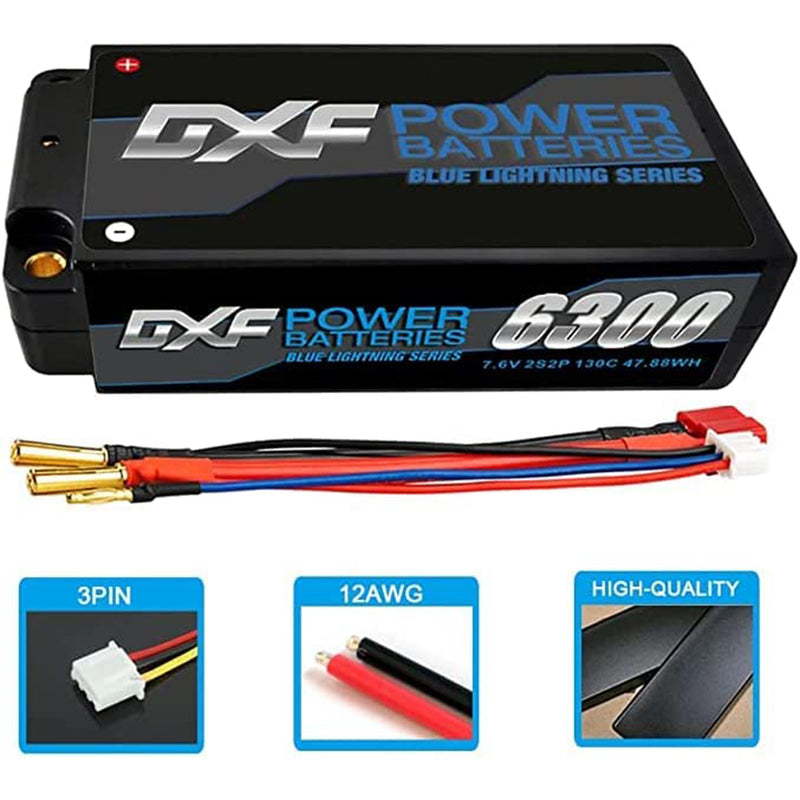 (ES)DXF Lipo Battery 2S 7.6V 6300mAh 130C/260C Shorty 5MM Hardcase Battery Graphene Battery for Rc Truck Drone 1/10 1/8 Scale Traxxas Slash 4x4 RC Car Buggy truggy