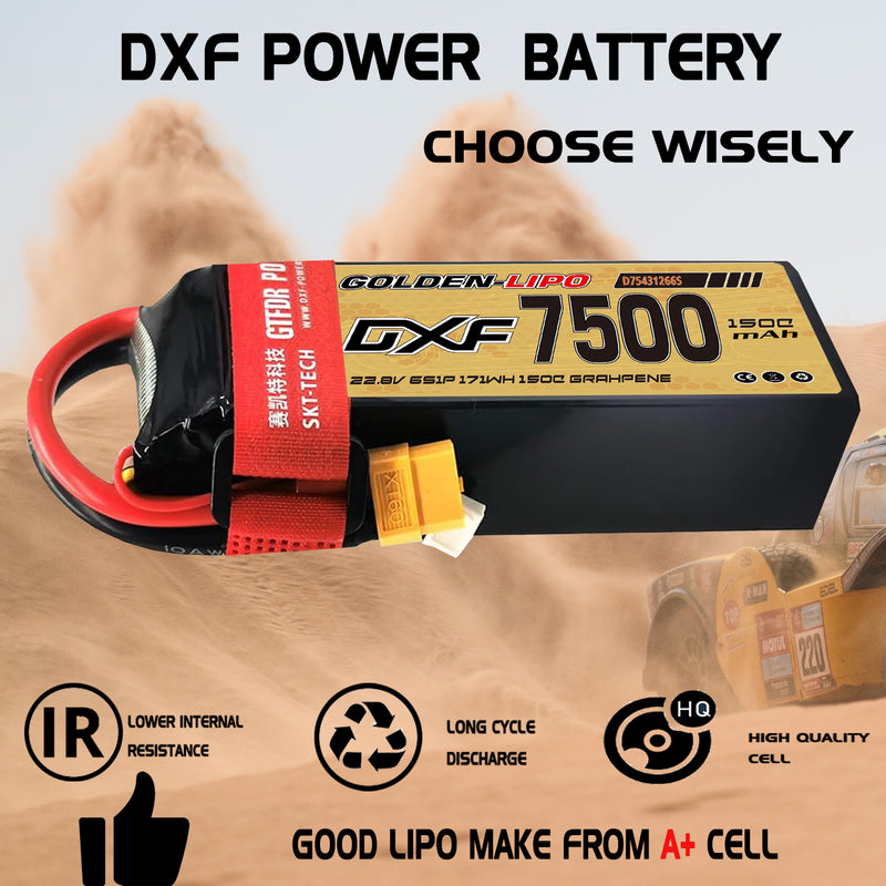 (CN)DXF 6S Lipo Battery 22.8V 150C 7500mAh Soft Case Battery with EC5 XT90 Connector for Car Truck Tank RC Buggy Truggy Racing Hobby