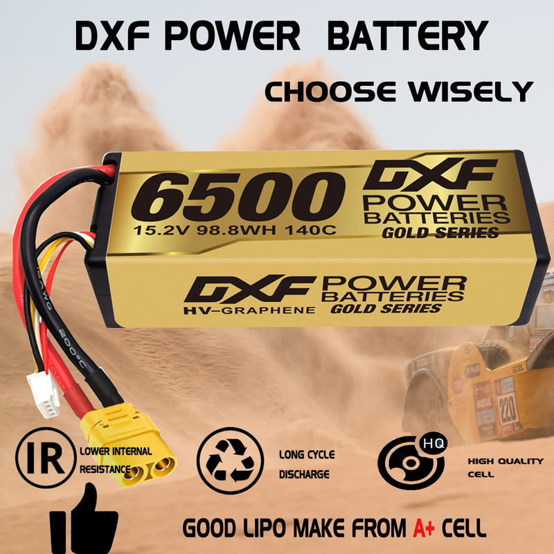 (IT)DXF Lipo Battery 4S 15.2V 6500MAH 140C GoldSeries Graphene lipo Hardcase with EC5 and XT90 Plug for Rc 1/8 1/10 Buggy Truck Car Off-Road Drone