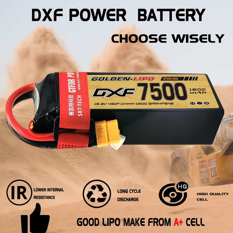 (CN)DXF 4S Lipo Battery 15.2V 150C 7500mAh Soft Case Battery with EC5 XT90 Connector for Car Truck Tank RC Buggy Truggy Racing Hobby