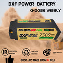 DXF LiPo Battery 2S2P HV 7.6V 7500mAh 150C Graphene NGP Plus Gold Version with 5mm Bullet / EC5 / T / TRX / XT60 / XT90 / XT150 / Q8s Plug for RC 1/10 1/8 1/5 Scale Car Racing