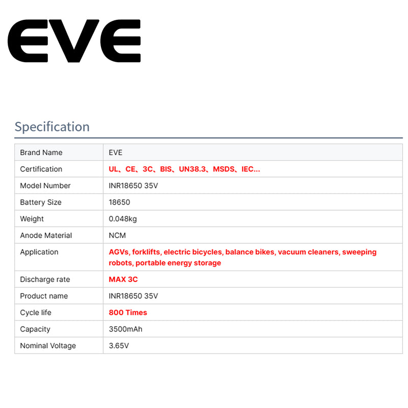 EVE 18650 3500mah 35V High Capacity 18650 Li-on Cell Batteries 18650 3.7v 3.6V 18650 Lithium Ion Battery 3500mah