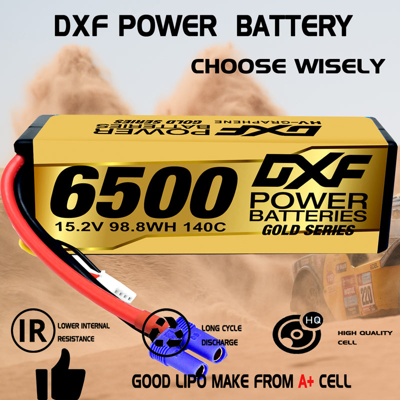 (ES)DXF Lipo Battery 4S 15.2V 6500MAH 140C GoldSeries Graphene lipo Hardcase with EC5 and XT90 Plug for Rc 1/8 1/10 Buggy Truck Car Off-Road Drone