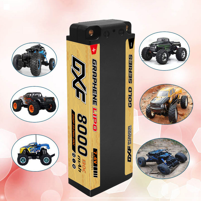 (ES)DXF Lipo Battery 2S 7.4V 8000mAh 130C/260C NGP GOLDEN Hardcase Battery Graphene 5MM Battery for Rc Truck Drone 1/10 1/8 Scale Traxxas Slash 4x4 RC Car Buggy truggy