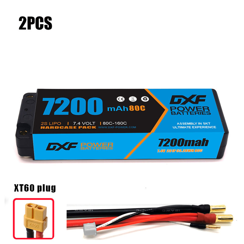 (CN) DXF 2S 7.4V Lipo Battery 80C 7200mAh with 5mm Bullet for RC 1/10 1/8 Vehicles Car Truck Tank Truggy Competition Racing Hobby