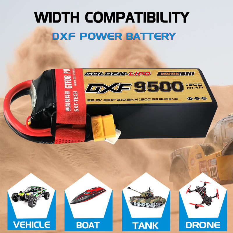 (CN)DXF 6S Lipo Battery 22.2V 150C 9500mAh Soft Case Battery with EC5 XT90 Connector for Car Truck Tank RC Buggy Truggy Racing Hobby