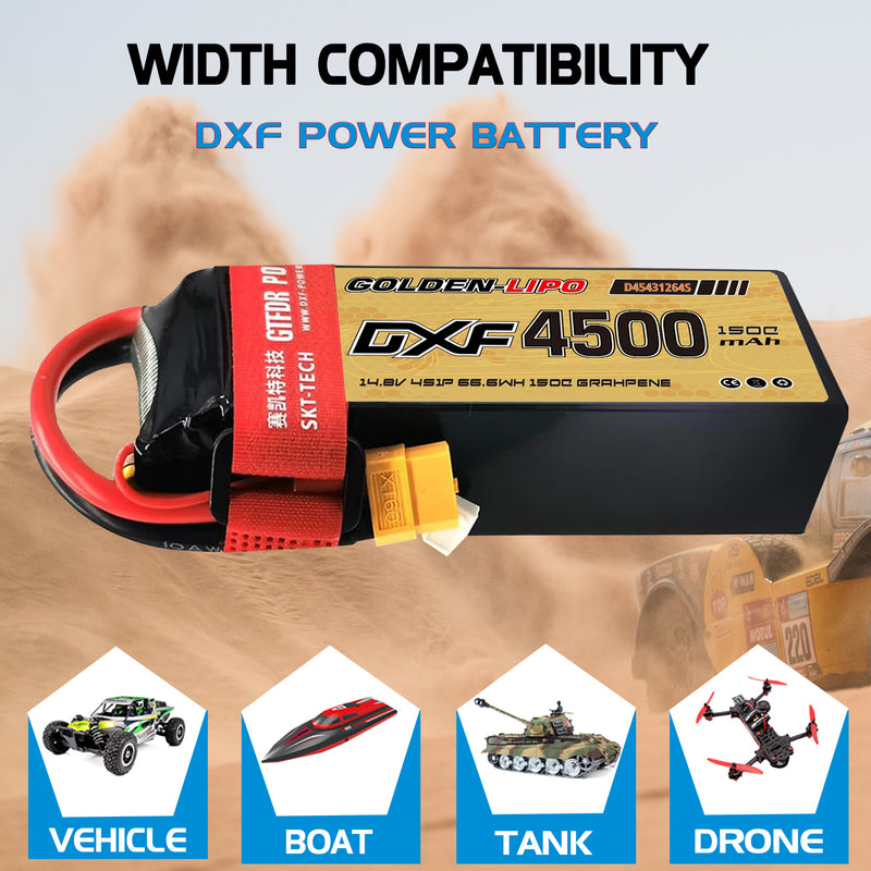 (CN)DXF 4S Lipo Battery 14.8V 150C 4500mAh Soft Case Battery with EC5 XT90 Connector for Car Truck Tank RC Buggy Truggy Racing Hobby
