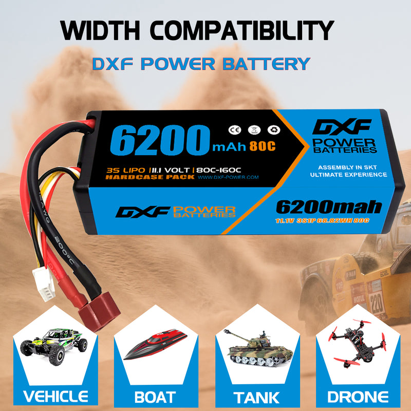 DXF 3S LiPo Battery 11.1V 6200mAh 80C Hardcase with Deans/T- Premium Power for RC Cars & Drones