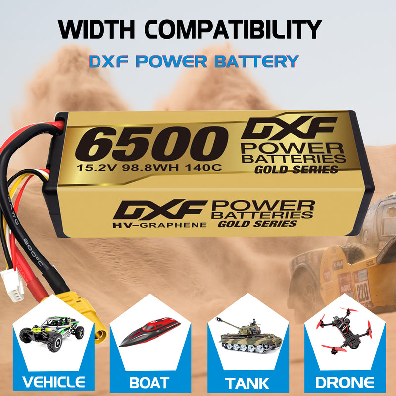 (ES)DXF Lipo Battery 4S 15.2V 6500MAH 140C GoldSeries Graphene lipo Hardcase with EC5 and XT90 Plug for Rc 1/8 1/10 Buggy Truck Car Off-Road Drone