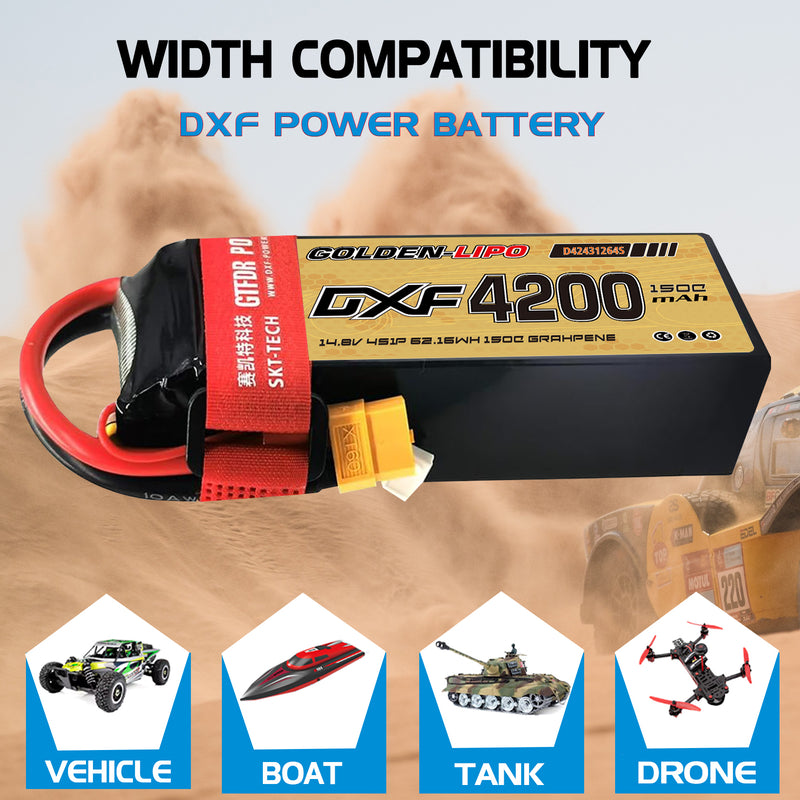 (CN)DXF 4S Lipo Battery 14.8V 150C 4200mAh Soft Case Battery with EC5 XT90 Connector for Car Truck Tank RC Buggy Truggy Racing Hobby