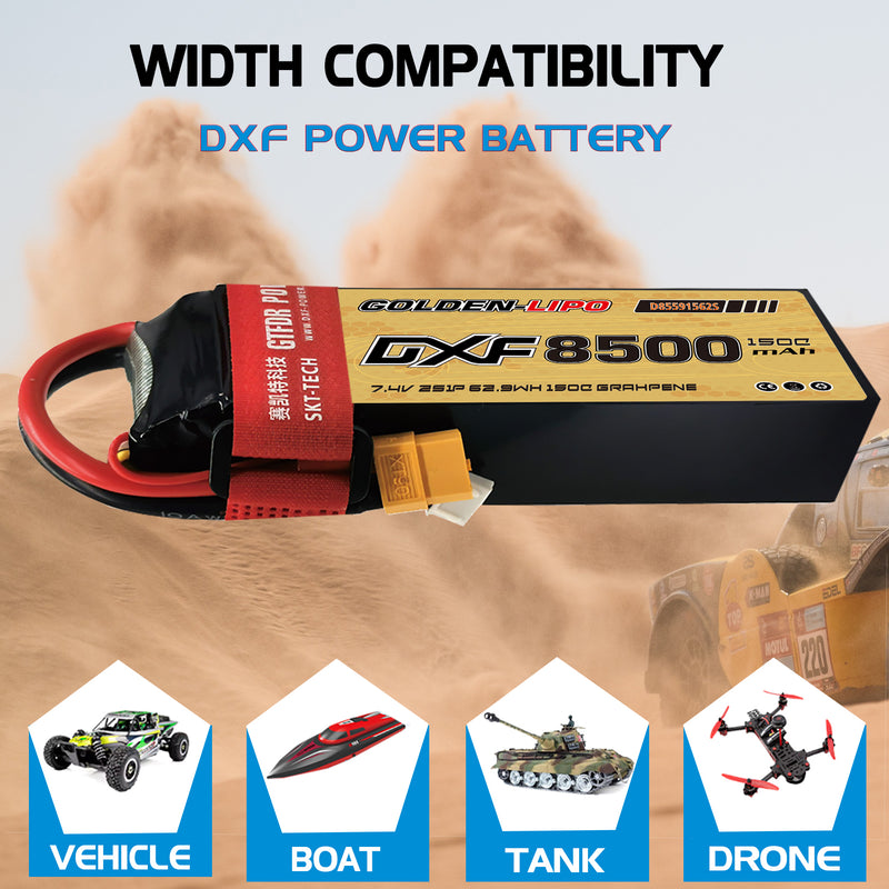 (CN)DXF 2S Lipo Battery 7.4V 150C 8500mAh Soft Case Battery with EC5 XT90 Connector for Car Truck Tank RC Buggy Truggy Racing Hobby