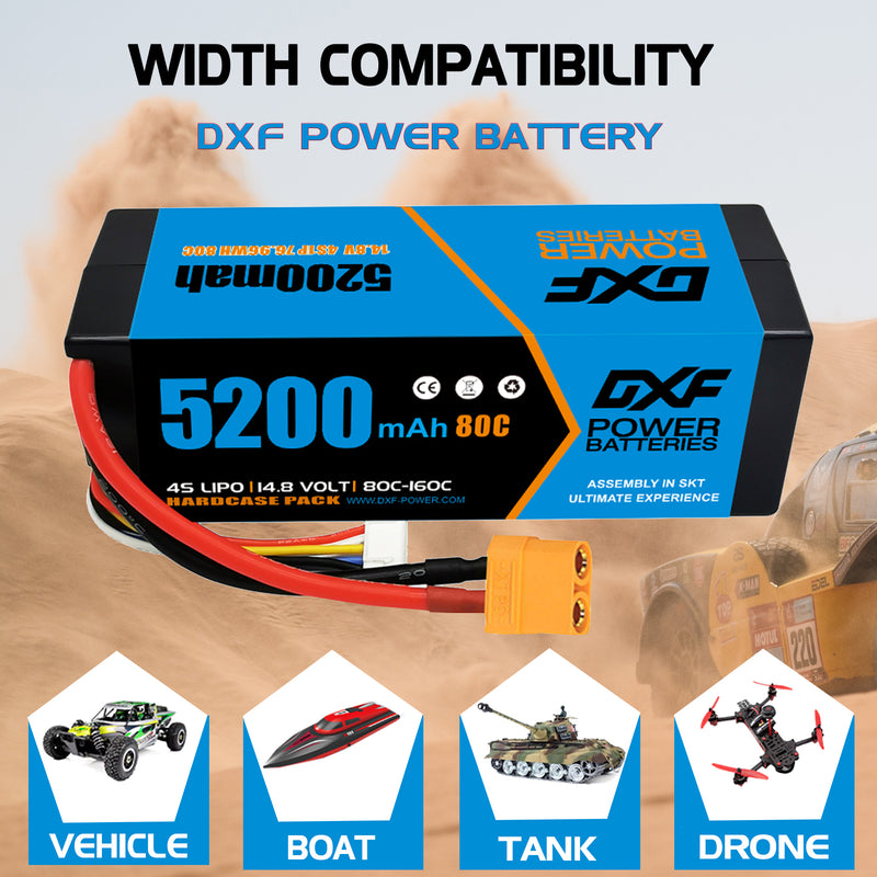 (CA)DXF Lipo Battery 4S 14.8V 5200MAH 80C  lipo Hardcase with  XT90 Plug for Rc 1/8 1/10 Buggy Truck Car Off-Road Drone