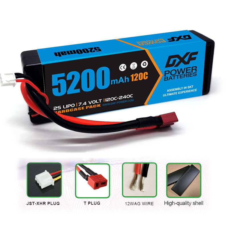 (CA)DXF Lipo Battery 2S 7.4V 5200MAH 120C  lipo Hardcase with  DEANS/T Plug for Rc 1/8 1/10 Buggy Truck Car Off-Road Drone