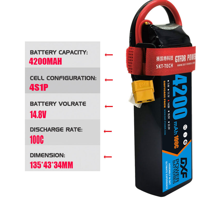 (FR)DXF Lipo Battery 4S 14.8V 4200MAH 100C  lipo SoftCase xt60 Plug for Rc 1/8 1/10 Buggy Truck Car Off-Road Drone