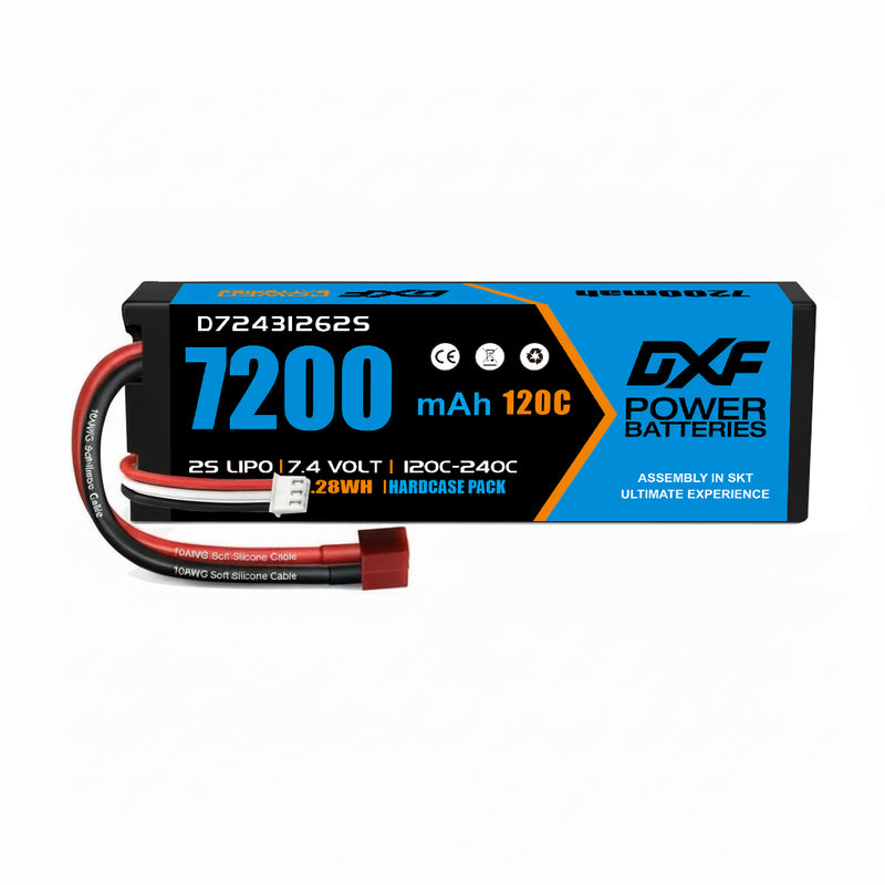 DXF Lipo Battery 2S 7.4V 7200mAh 100C/200C Hardcase Battery Graphene Battery Deans/T Plug for Rc Truck Drone 1/10 1/8 Scale Traxxas Slash 4x4 RC Car Buggy truggy