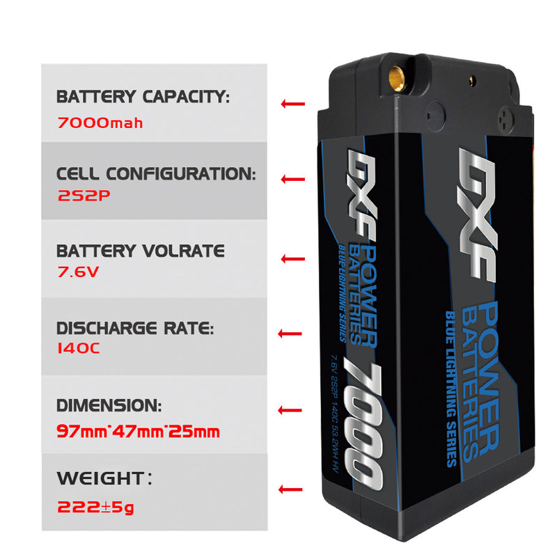 (FR)DXF 5mm 2S 7000mAh 7.6V 140C BLUE Series Batteria Lipo ad Alta Capacità Hardcase con Deans Spina per 1:8 Scala RC Auto, Multi-Rotore RC Aeroplano, RC Elicottero, RC Barca