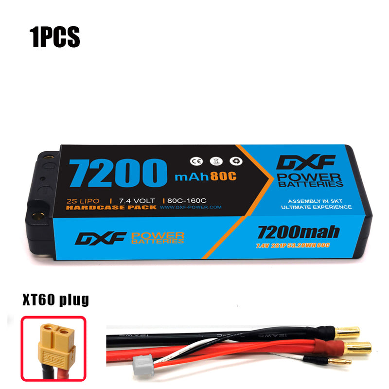 (CN) DXF 2S 7.4V Lipo Battery 80C 7200mAh with 5mm Bullet for RC 1/10 1/8 Vehicles Car Truck Tank Truggy Competition Racing Hobby