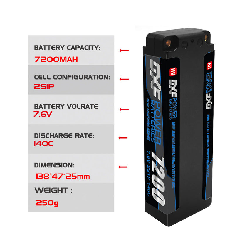 (IT) DXF 2S 7.6V Lipo Battery 140C 7200mAh LCG with 5mm Bullet for RC 1/8 Vehicles Car Truck Tank Truggy Competition Racing Hobby