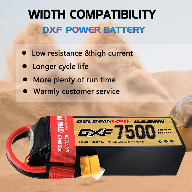 (CN)DXF 4S Lipo Battery 15.2V 150C 7500mAh Soft Case Battery with EC5 XT90 Connector for Car Truck Tank RC Buggy Truggy Racing Hobby