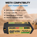 DXF LiPo Battery 2S2P HV 7.6V 7500mAh 150C Graphene NGP Plus Gold Version with 5mm Bullet / EC5 / T / TRX / XT60 / XT90 / XT150 / Q8s Plug for RC 1/10 1/8 1/5 Scale Car Racing