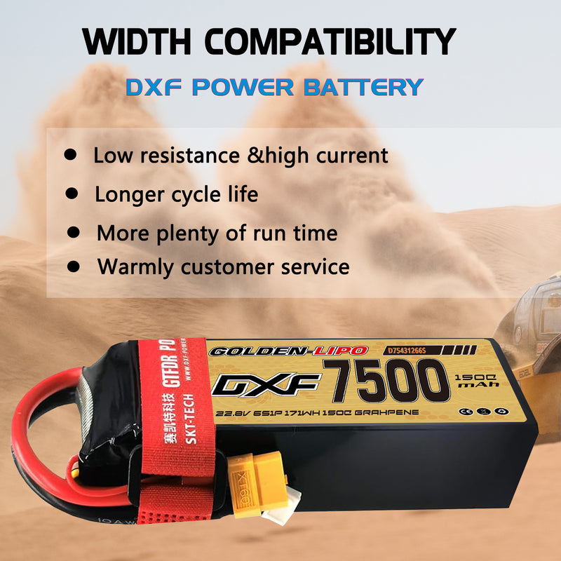 (CN)DXF 6S Lipo Battery 22.8V 150C 7500mAh Soft Case Battery with EC5 XT90 Connector for Car Truck Tank RC Buggy Truggy Racing Hobby