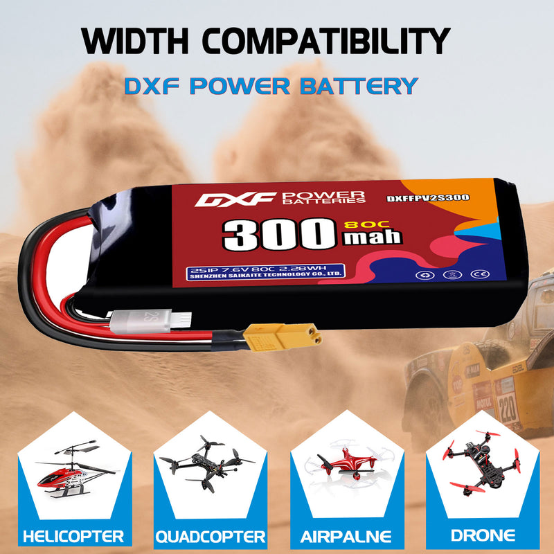 DXF 300mAh 2S 80C 7.6V Lipo Battery Pack for FPV LiPo Battery