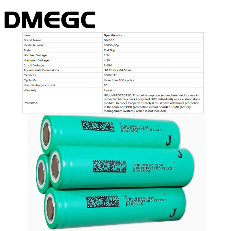 Dmegc 18650 30p 3000mAh 5c Lithium Ion Batteries for Flashlight Devices Power Tools