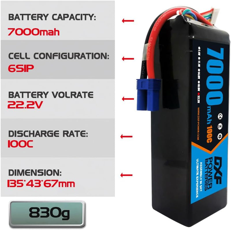 (FR)DXF 6S Lipo Battery 22.2V 100C 7000mAh Soft Case Battery with EC5 Connector for Car Truck Tank RC Buggy Truggy Racing Hobby