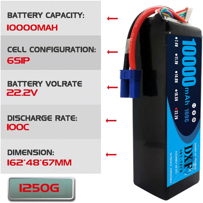 (GE)DXF 6S Lipo Battery 22.2V 100C10000mAh Soft Case Battery with EC5 Connector for Car Truck Tank RC Buggy Truggy Racing Hobby