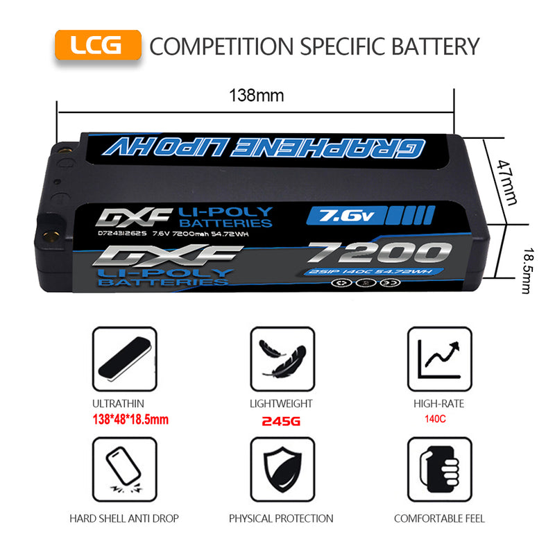 DXF 2S 7.6V Lipo Battery 140C 7200mAh LCG with 5mm Bullet for RC 1/8 Vehicles Car Truck Tank Truggy Competition Racing Hobby
