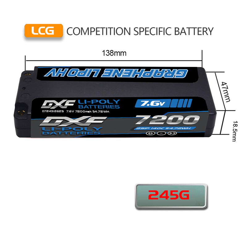 DXF 2S 7.6V Lipo Battery 140C 7200mAh LCG with 5mm Bullet for RC 1/8 Vehicles Car Truck Tank Truggy Competition Racing Hobby