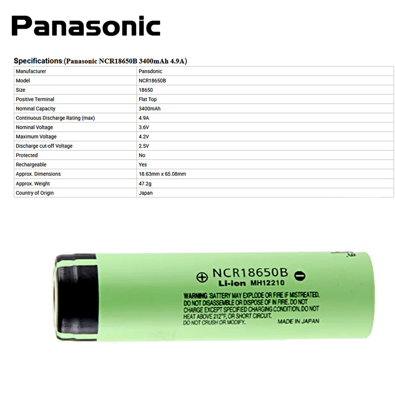 NCR18650B 18650 3400mAh  Battery Panasonic-Japan 3400mAh Li-ion 3.7V Flat Top Rechargeable