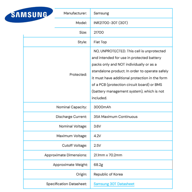 New Samsung 30T INR21700-30T 3000mAh 35A Battery