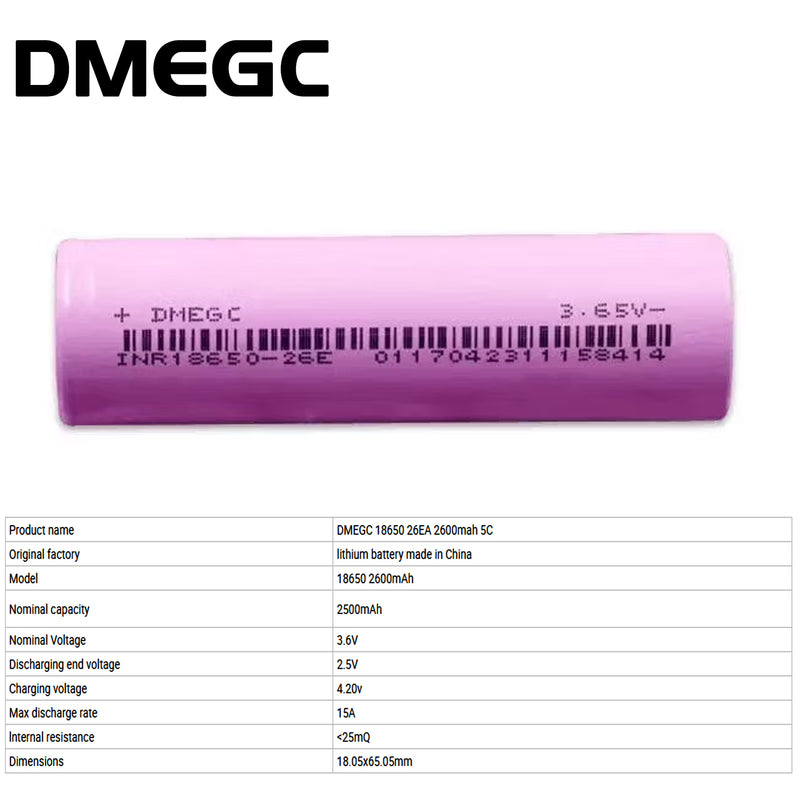 Dmegc Inr18650 26ea 26e 2600mAh 5c A Grade Lithium Li-ion Cell 3.7V 2500mAh 15A Made in China 18650 for E-Bike Battery Pack