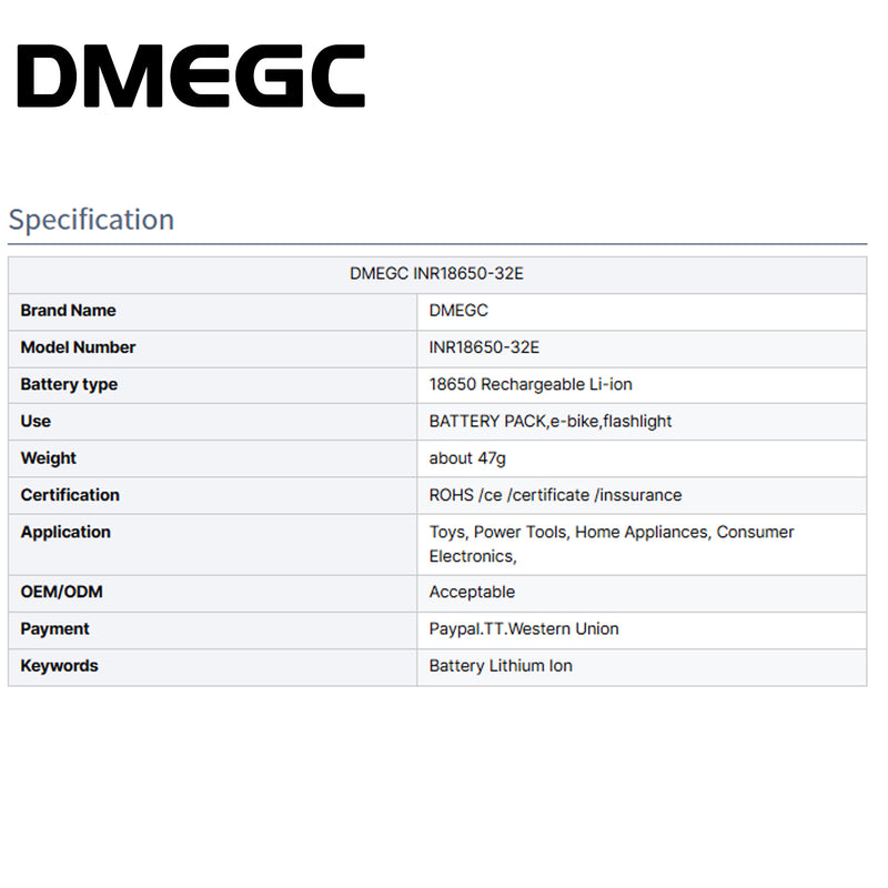 Wholesale DMEGC INR18650 32E 3200mah 3C Lithium Ion 3.7V 18650 Battery for Battery Pack