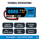 DXF 2S 7.4V 8000mAh 140C Graphene LiPo Hardcase Battery with 10AWG Deans T-Plug for 1/8 1/10 RC Car Truck Boat Drone (1-6 Pack Available)