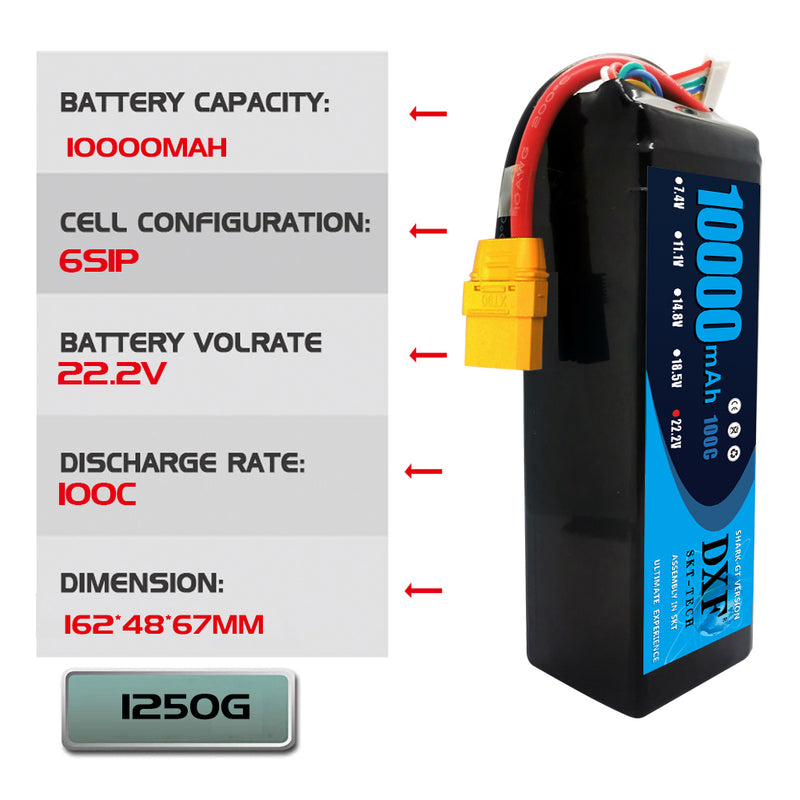 (ES)DXF 6S Lipo Battery 22.2V 100C10000mAh Soft Case Battery with XT90 Connector for Car Truck Tank RC Buggy Truggy Racing Hobby