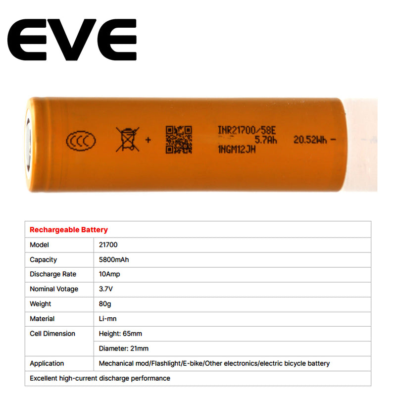EVE Real Rated Li-ion 21700 Cell 58E 5800mAh 3.6V 3C Rechargeable 21700 58e