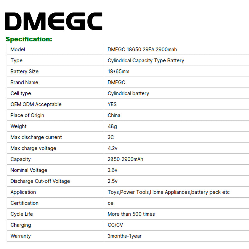 100% Original A Grade Cylindrical Dmegc Inr18650-29e 3.7V 18650 2900mAh 3c Rechargeable Lithium Battery for E -Bike