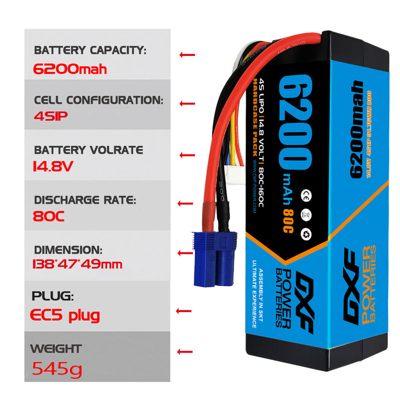 (CA)DXF Lipo Battery 4S 14.8V 6200MAH 80C  lipo Hardcase EC5 Plug for Rc 1/8 1/10 Buggy Truck Car Off-Road Drone