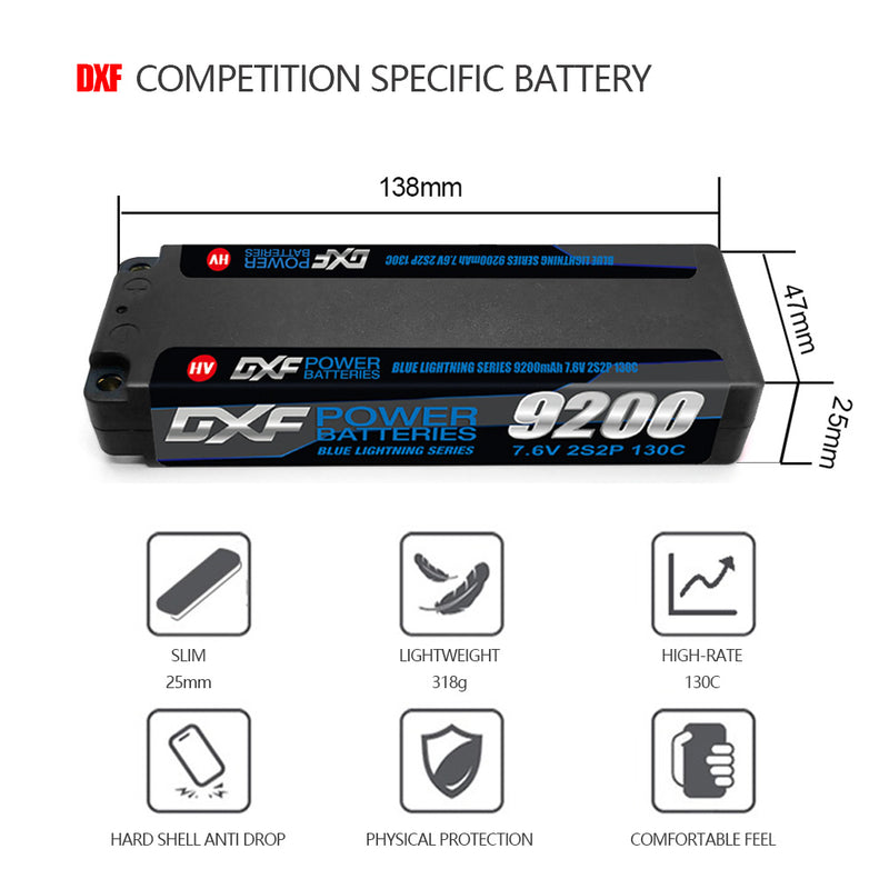 (ES) DXF 2S 7.6V Lipo Battery 130C 9200mAh with 5mm Bullet for RC 1/8 Vehicles Car Truck Tank Truggy Competition Racing Hobby