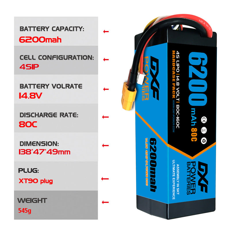 (CA)DXF Lipo Battery 4S 14.8V 6200MAH 80C  lipo Hardcase XT90 Plug for Rc 1/8 1/10 Buggy Truck Car Off-Road Drone