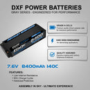 DXF LiPo Battery 2S2P HV 7.6V 8400mAh 140C Graphene Gray with 5mm Bullet / EC5 / T / TRX / XT60 / XT90 / XT150 / Q8s Plug for RC 1/10 1/8 1/5 Scale Car Racing