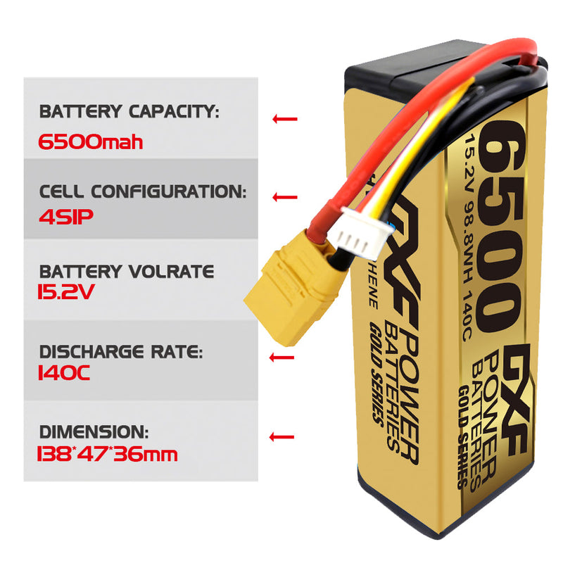 (PL)DXF Lipo Battery 4S 15.2V 6500MAH 140C GoldSeries Graphene lipo Hardcase with EC5 and XT90 Plug for Rc 1/8 1/10 Buggy Truck Car Off-Road Drone