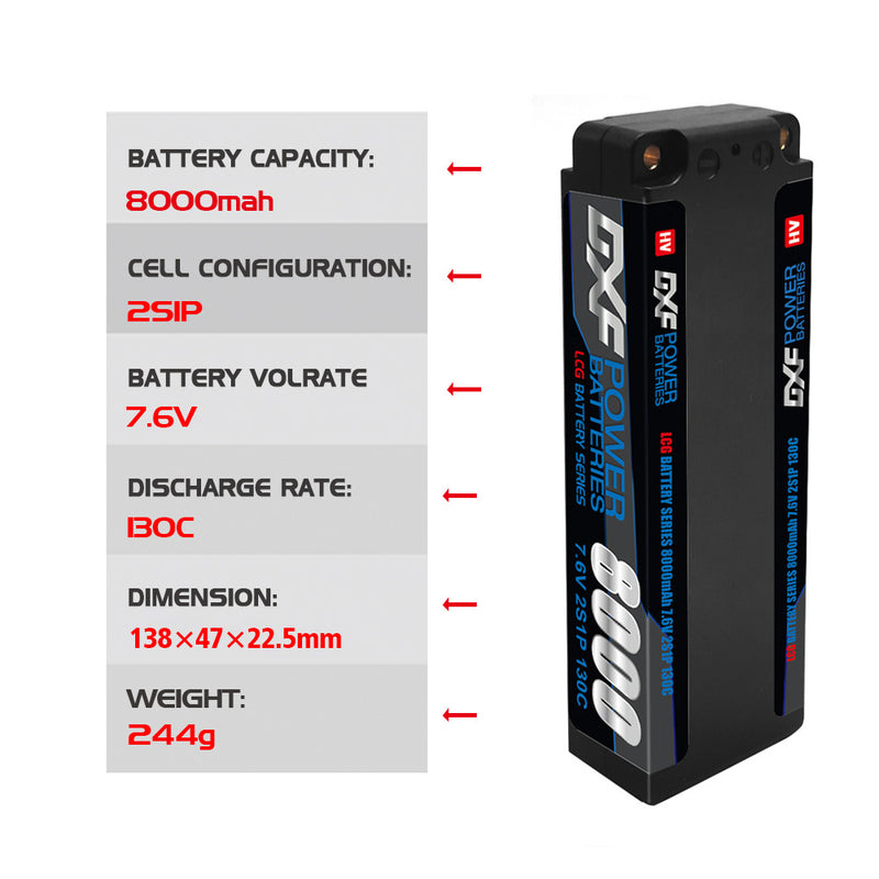 (EU) DXF 2S 7.6V Lipo Battery 140C 8000mAh LCG with 5mm Bullet for RC 1/8 Vehicles Car Truck Tank Truggy Competition Racing Hobby