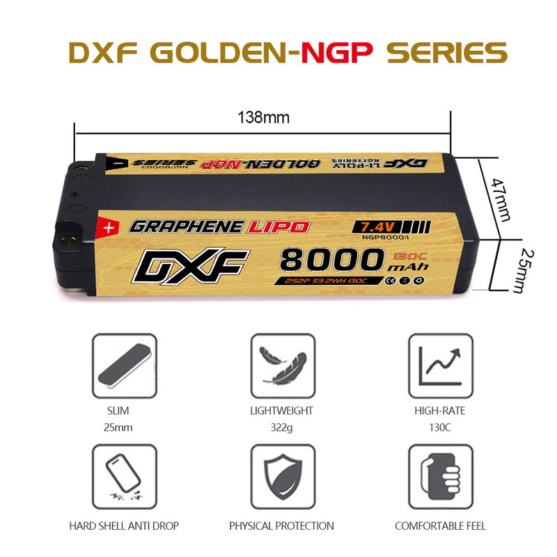 (GE)DXF Lipo Battery 2S 7.4V 8000mAh 130C/260C NGP GOLDEN Hardcase Battery Graphene 5MM Battery for Rc Truck Drone 1/10 1/8 Scale Traxxas Slash 4x4 RC Car Buggy truggy